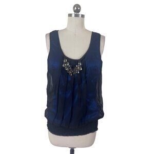 Charlotte Russe Y2K Blouse Womens Medium Blue Organza Rhinestone Whimsigoth Glam